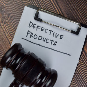 'Defective Products' written on paper attached to a clipboard with a gavel on top - Robichaux Law Firm